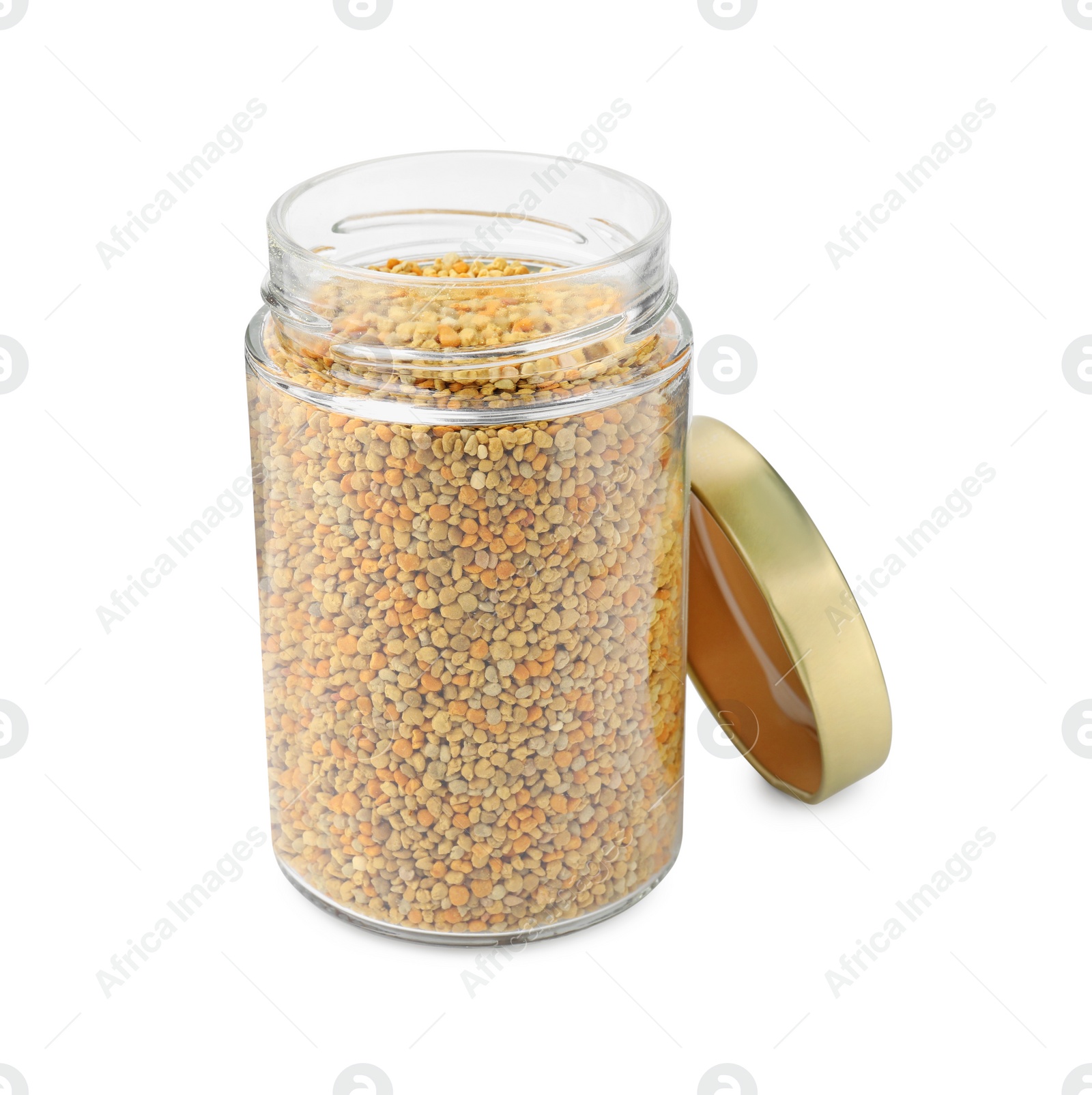 Photo of Fresh bee pollen granules in jar isolated on white