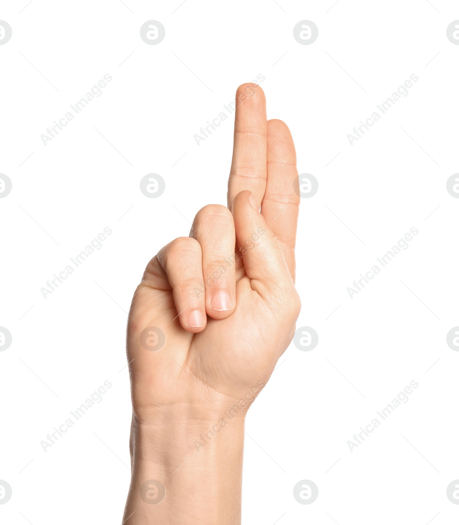 Photo of Man showing U letter on white background, closeup. Sign language