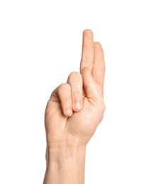 Photo of Man showing U letter on white background, closeup. Sign language