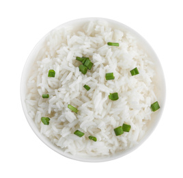 Photo of Bowl with cooked rice isolated on white, top view
