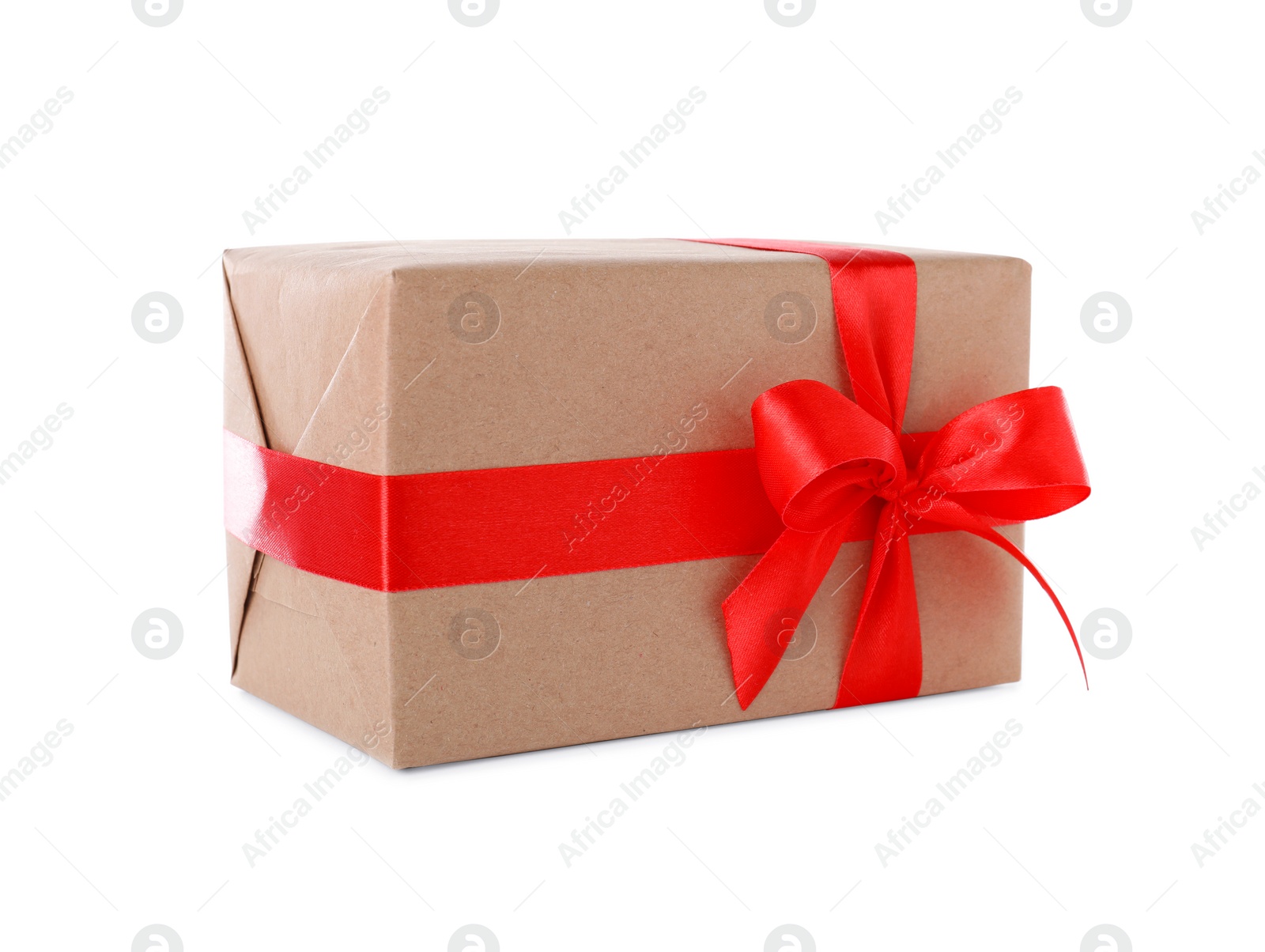 Photo of Christmas gift box decorated with ribbon bow on white background