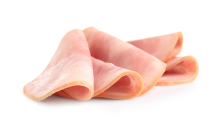 Photo of Slices of tasty fresh ham isolated on white