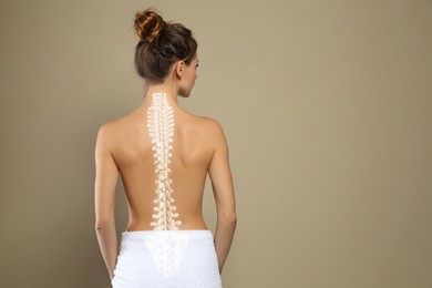Woman with healthy back on beige background, space for text. Illustration of spine