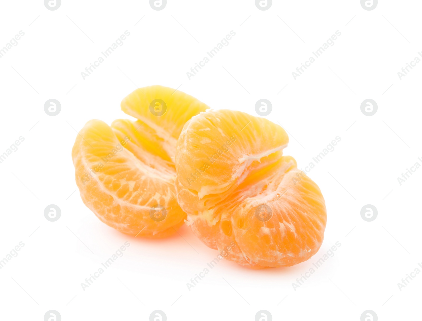 Photo of Peeled fresh ripe tangerine on white background