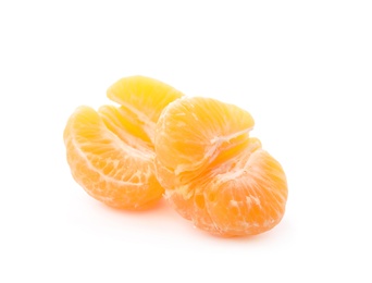 Photo of Peeled fresh ripe tangerine on white background