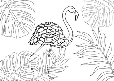 Illustration of Flamingo and tropical leaves on white background, illustration. Coloring page 