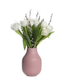 Photo of Beautiful bouquet of willow branches and tulips in vase isolated on white
