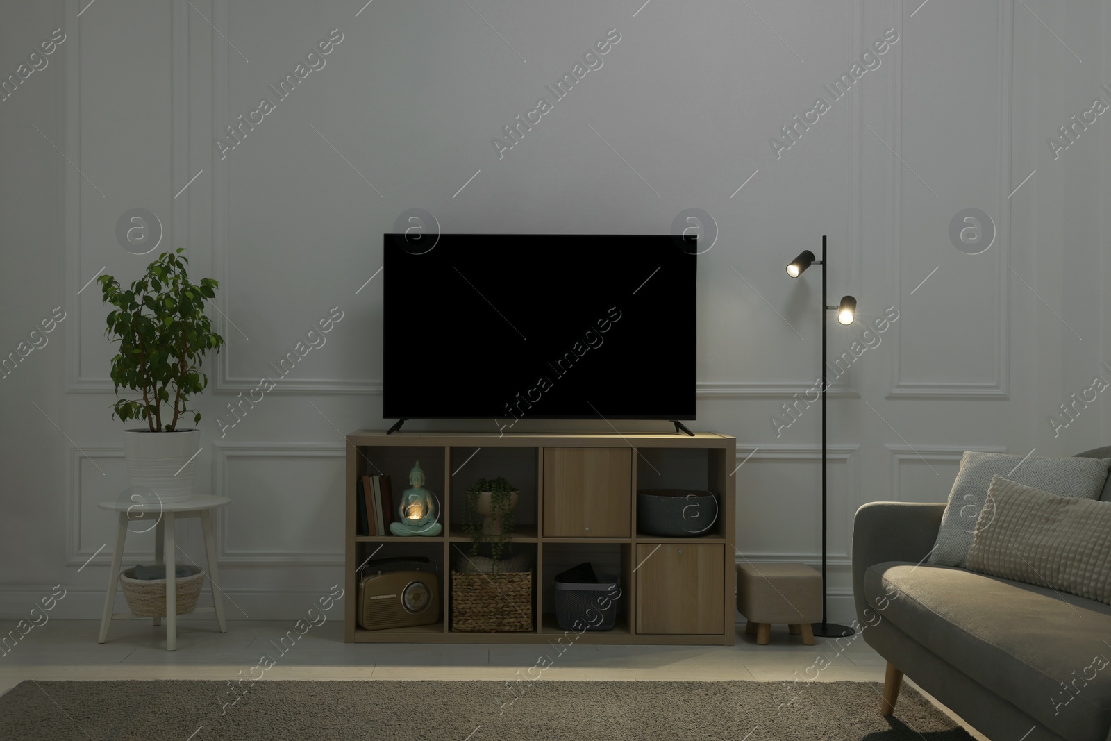Photo of Modern TV on cabinet, sofa and beautiful houseplants indoors. Interior design