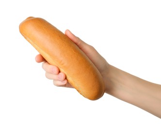 Woman with fresh hot dog bun on white background, closeup