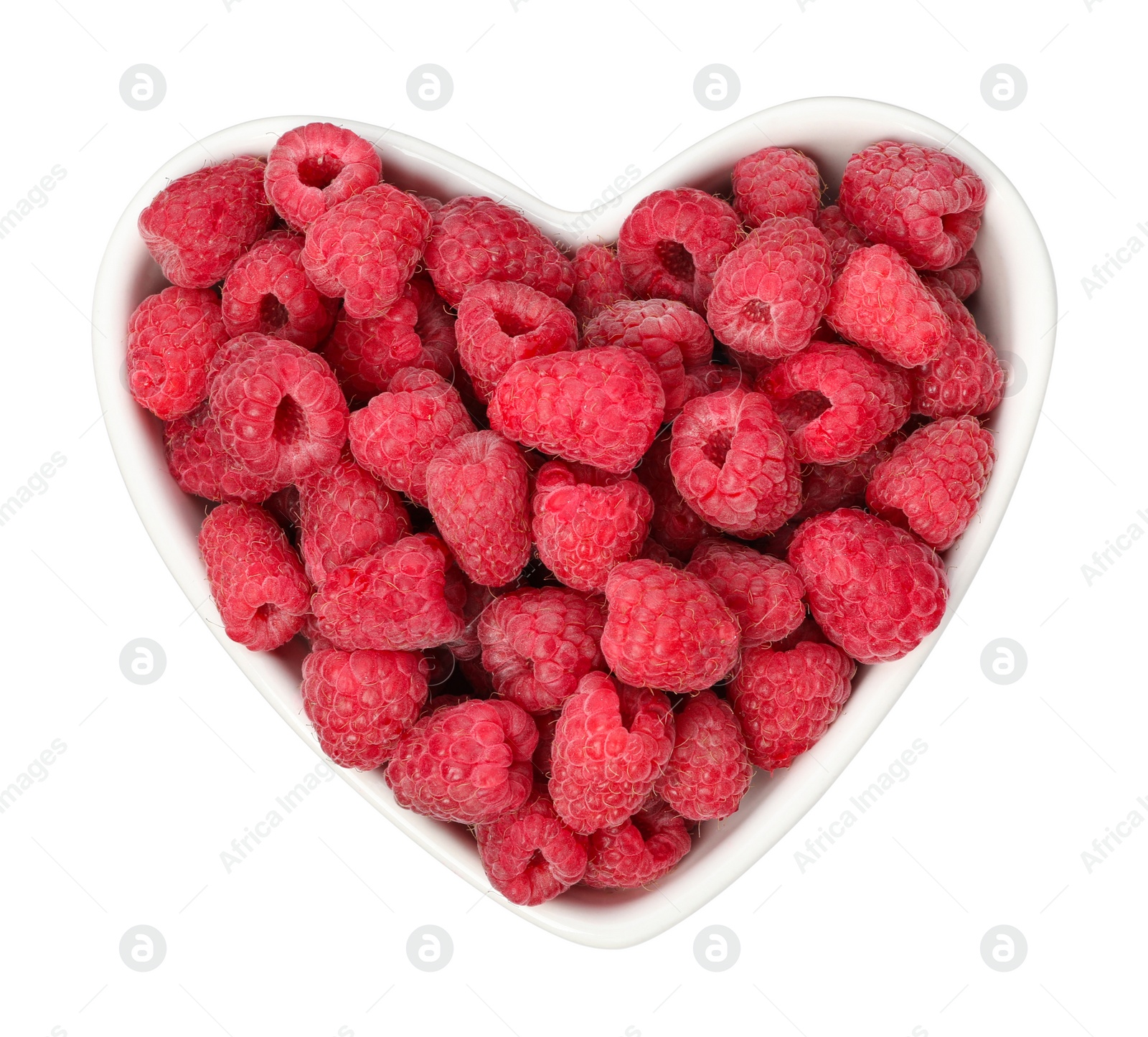 Photo of Heart-shaped plate of fresh ripe raspberries on white background, top view