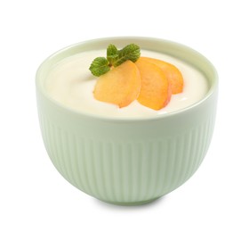 Photo of Delicious yogurt with fresh peach and mint in bowl on white background