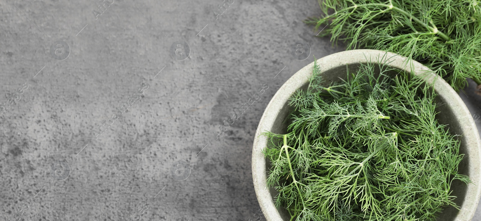 Image of Fresh dill on grey table, top view. Banner design with space for text