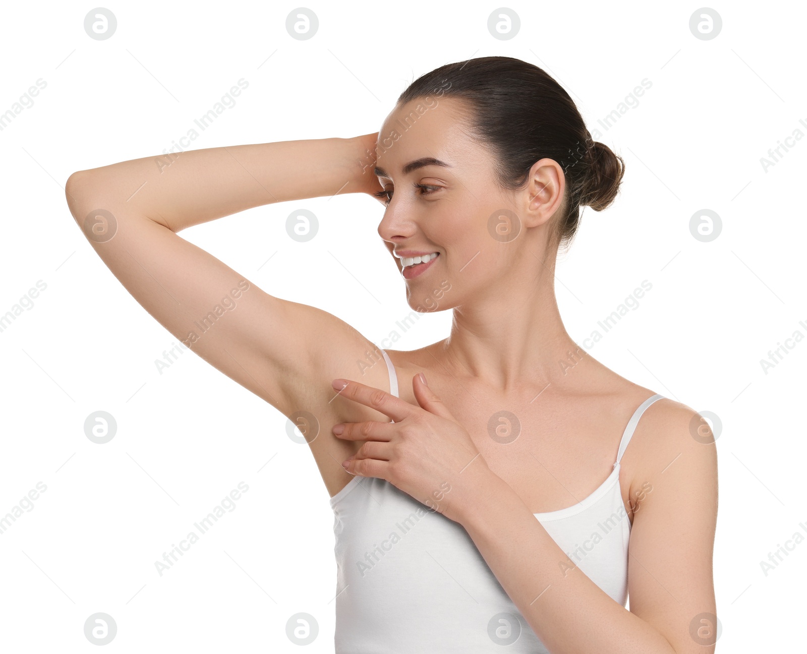 Photo of Beautiful woman showing armpit with smooth clean skin on white background