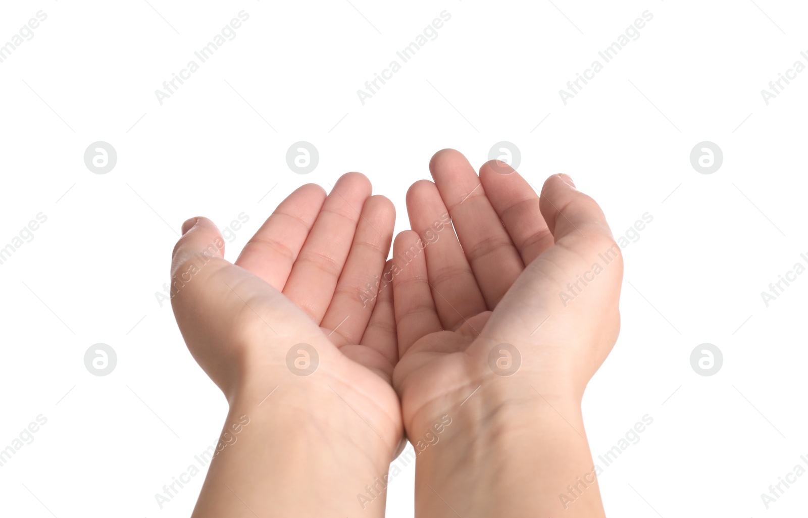 Photo of Woman against white background, closeup on hands