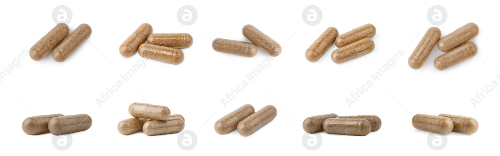 Image of Collage of vitamin pills isolated on white