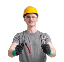 Photo of Young man holding pliers on white background