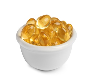 Bowl with cod liver oil pills on white background