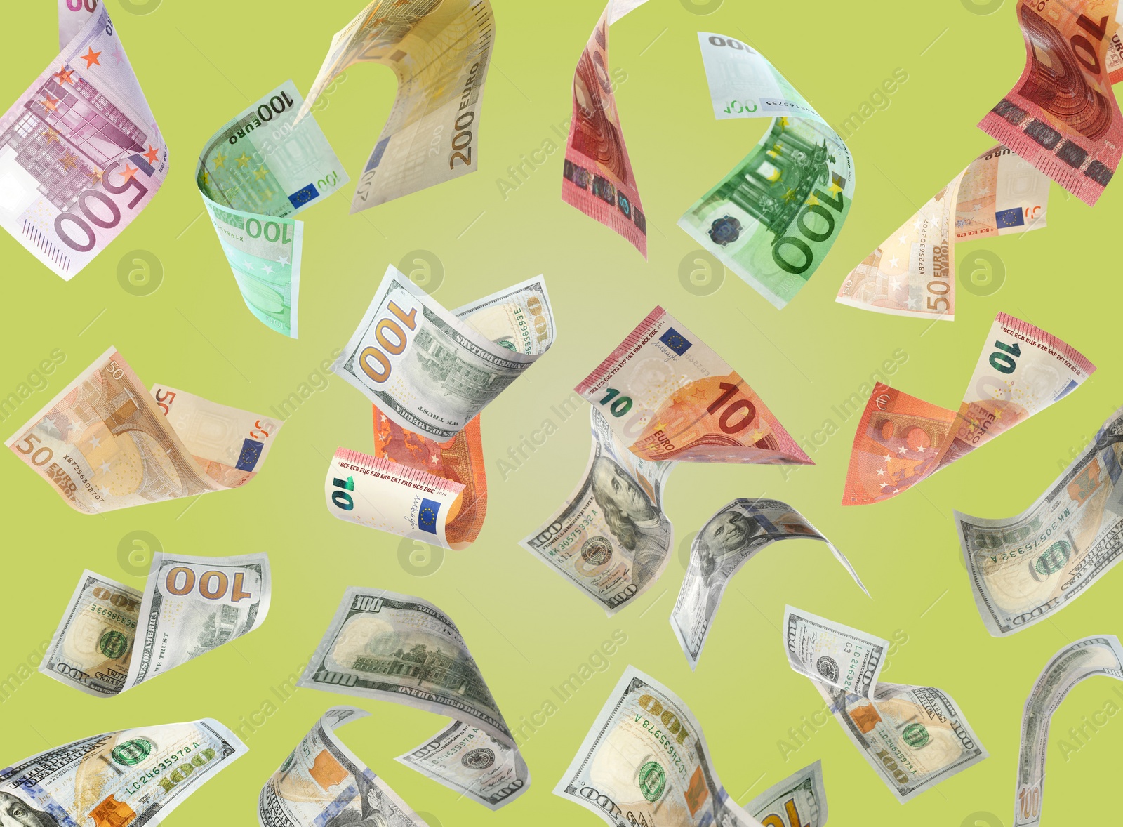 Image of Money exchange. Dollar and euro banknotes falling on yellowish green background