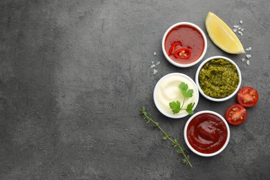 Photo of Different tasty sauces in bowls and ingredients on grey table, flat lay. Space for text