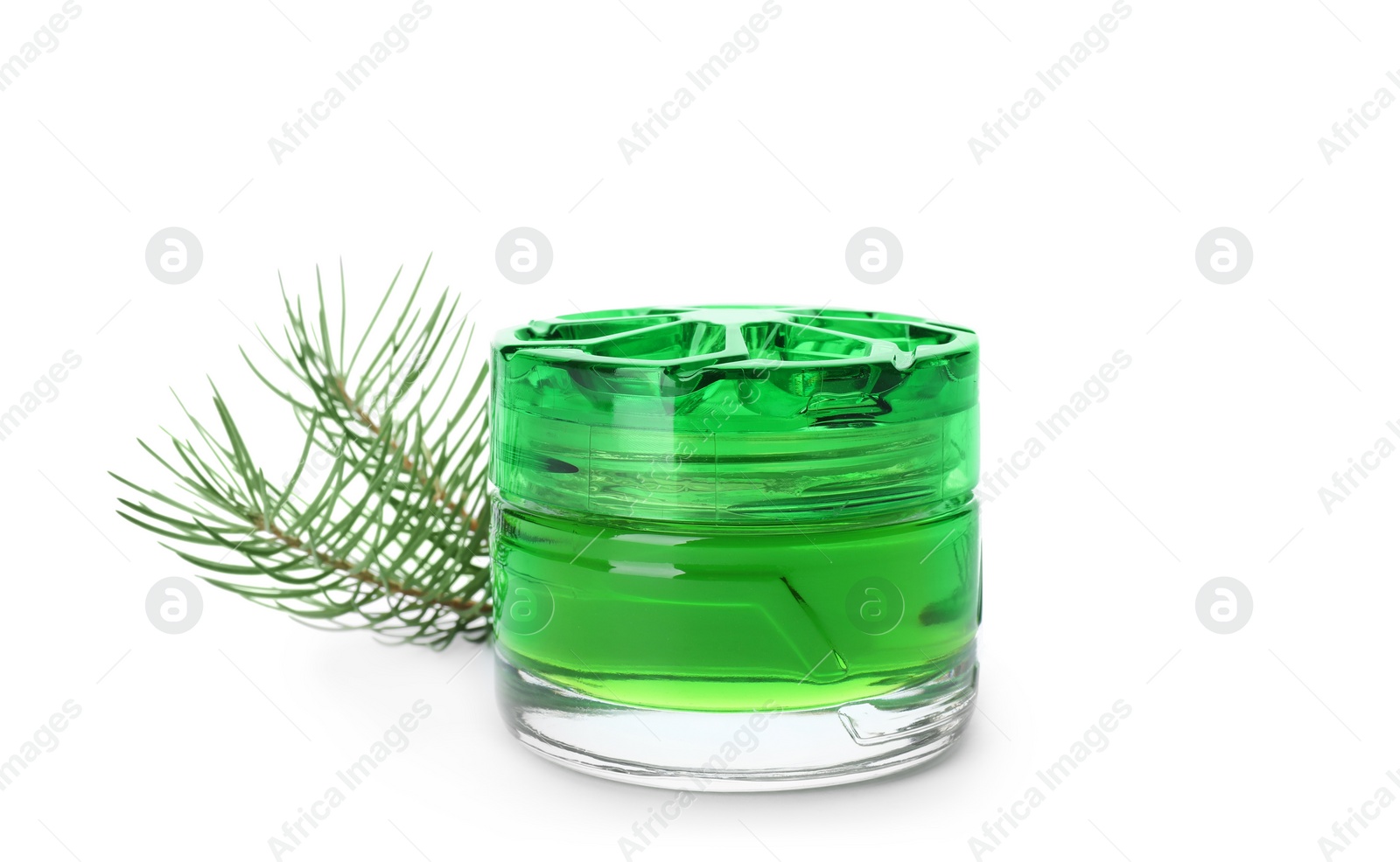 Photo of Aromatic air freshener and fir branches on white background