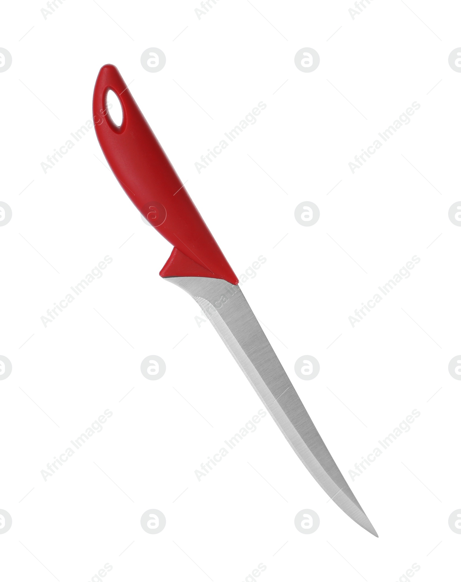 Photo of Boning knife with red handle isolated on white