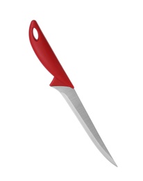 Photo of Boning knife with red handle isolated on white