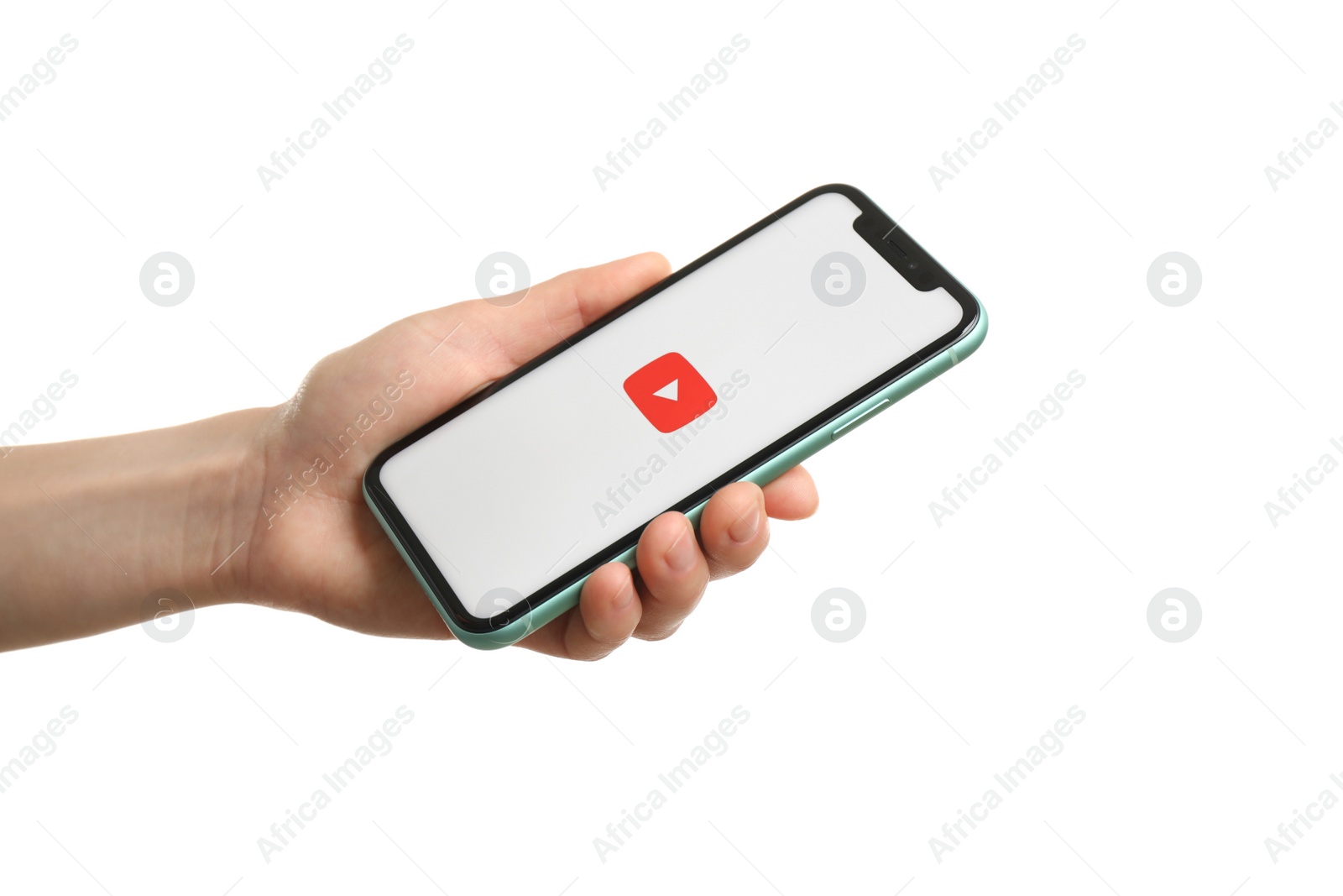 Photo of MYKOLAIV, UKRAINE - JULY 9, 2020: Woman holding  iPhone X with Youtube app on white background, closeup