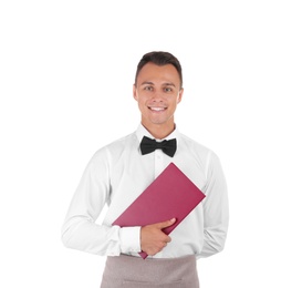 Young waiter with menu on white background