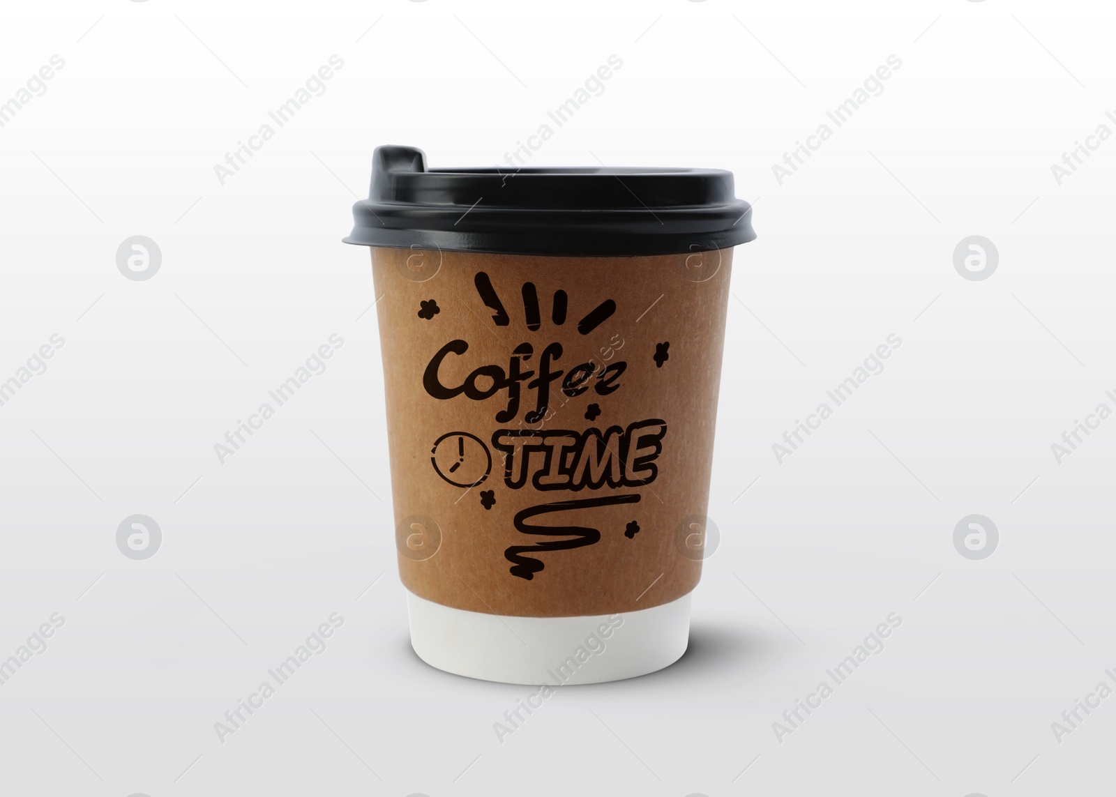 Image of Takeaway paper cup with printed phrase Coffee Time isolated on white