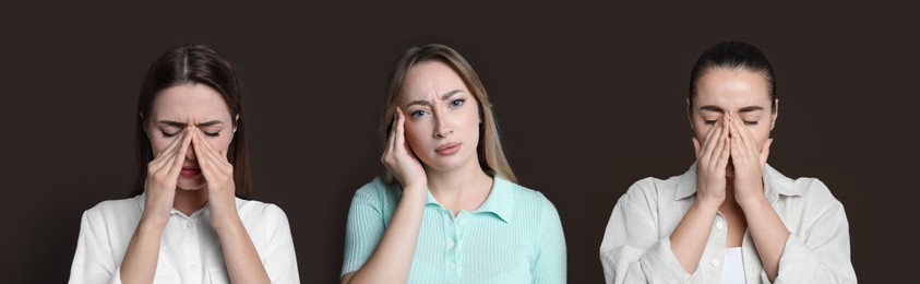 Image of Collage with photos of women suffering from headache on brown background. Banner design