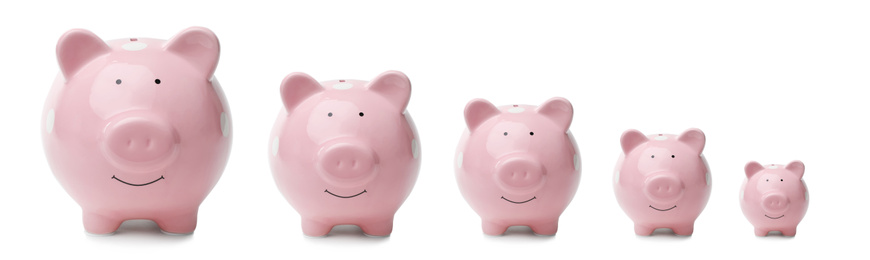 Image of Set with pink piggy banks on white background. Banner design