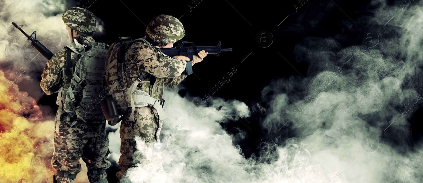 Image of Armed soldiers in smoke on black background, space for text