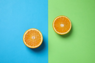 Photo of Fresh orange on color background, flat lay