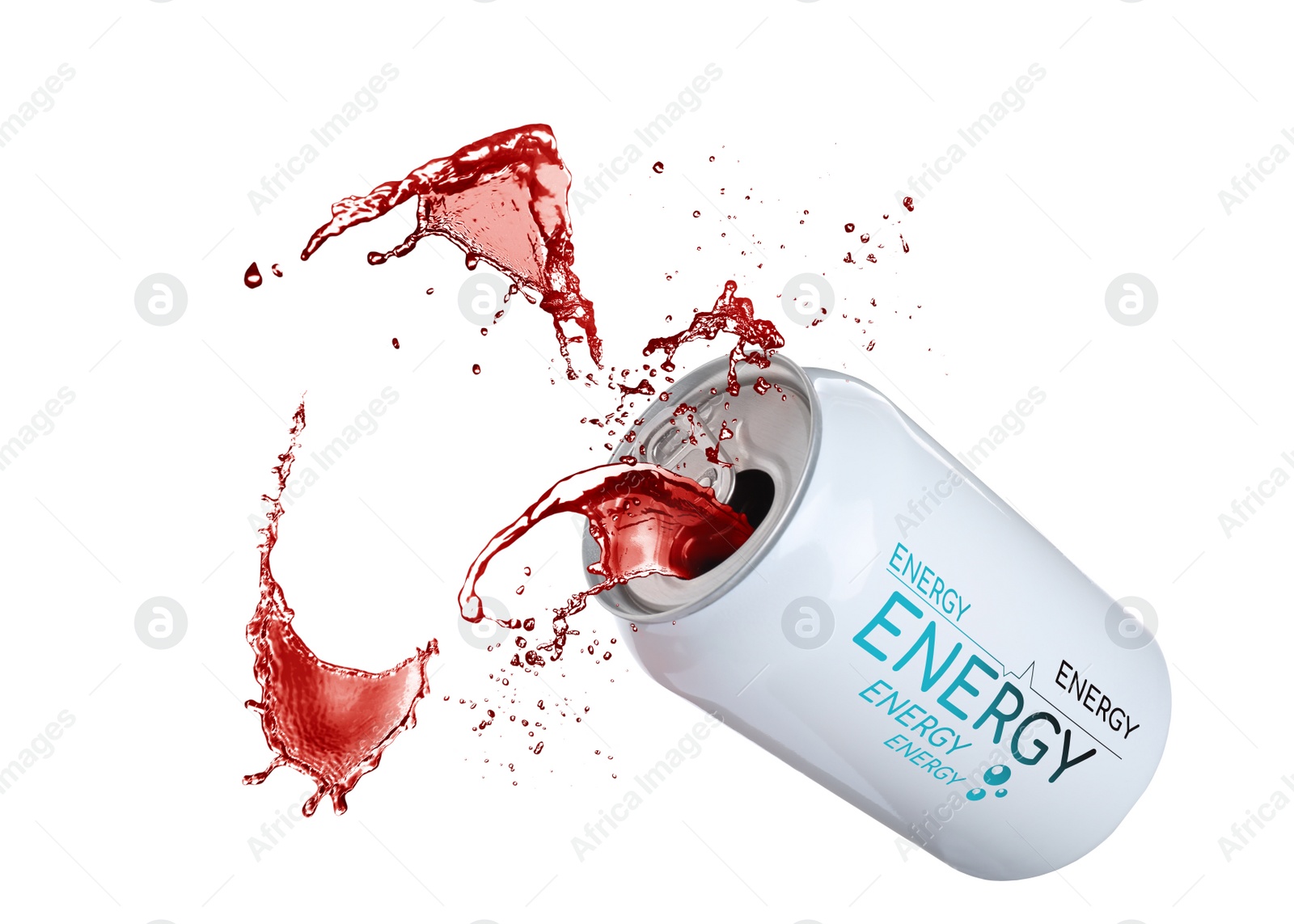 Image of Can of energy drink with splashes on white background