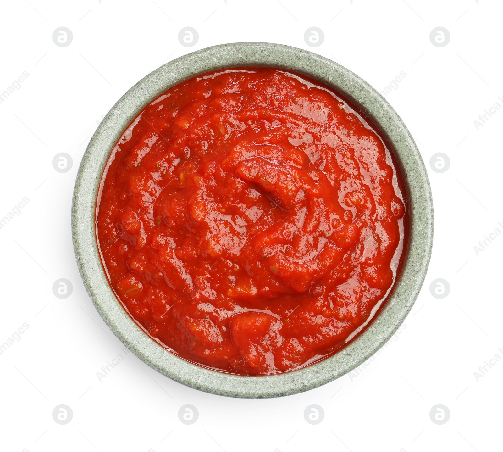 Photo of Homemade tomato sauce in bowl isolated on white, top view