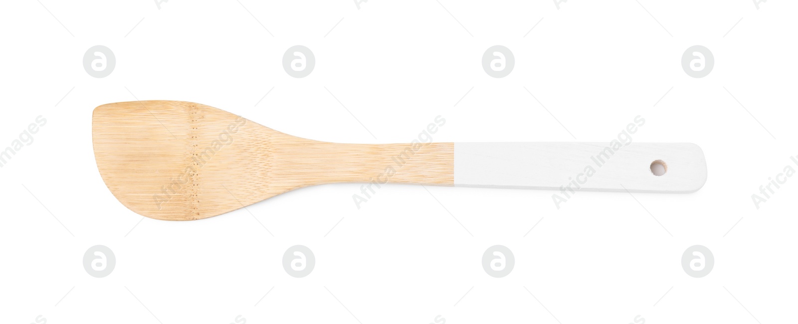 Photo of One wooden spatula isolated on white, top view. Cooking utensil