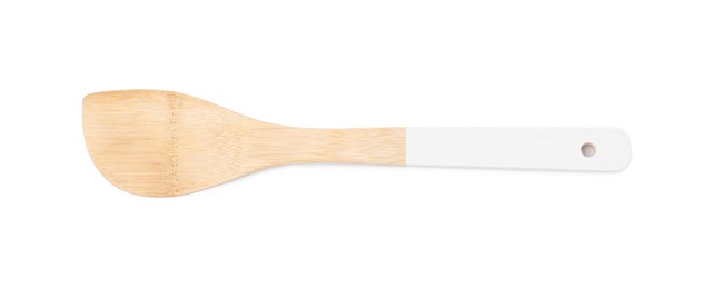 One wooden spatula isolated on white, top view. Cooking utensil