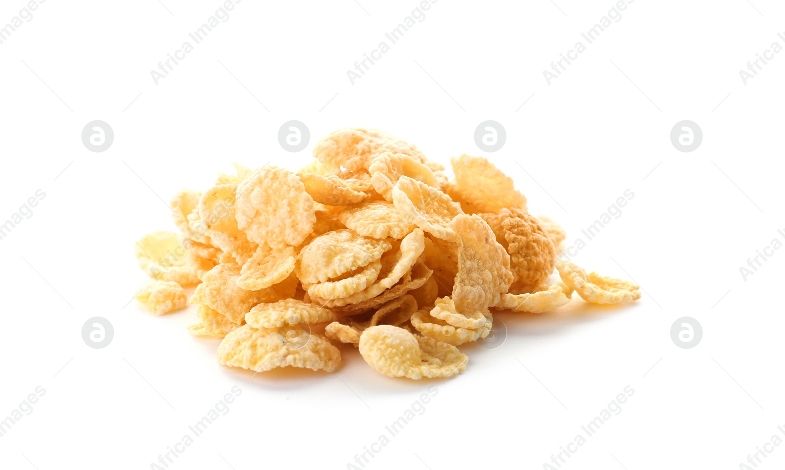 Photo of Corn flakes on white background. Healthy grains and cereals