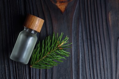 Photo of Bottle of aromatic essential oil and pine branch on wooden table, top view. Space for text