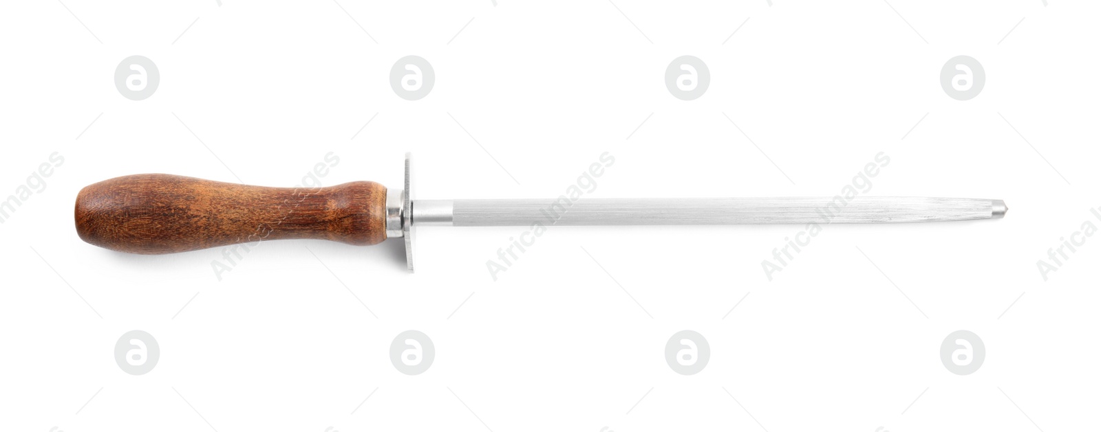 Photo of Sharpening steel with wooden handle isolated on white, top view