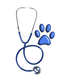 Image of Stethoscope and animal paw on white background, top view