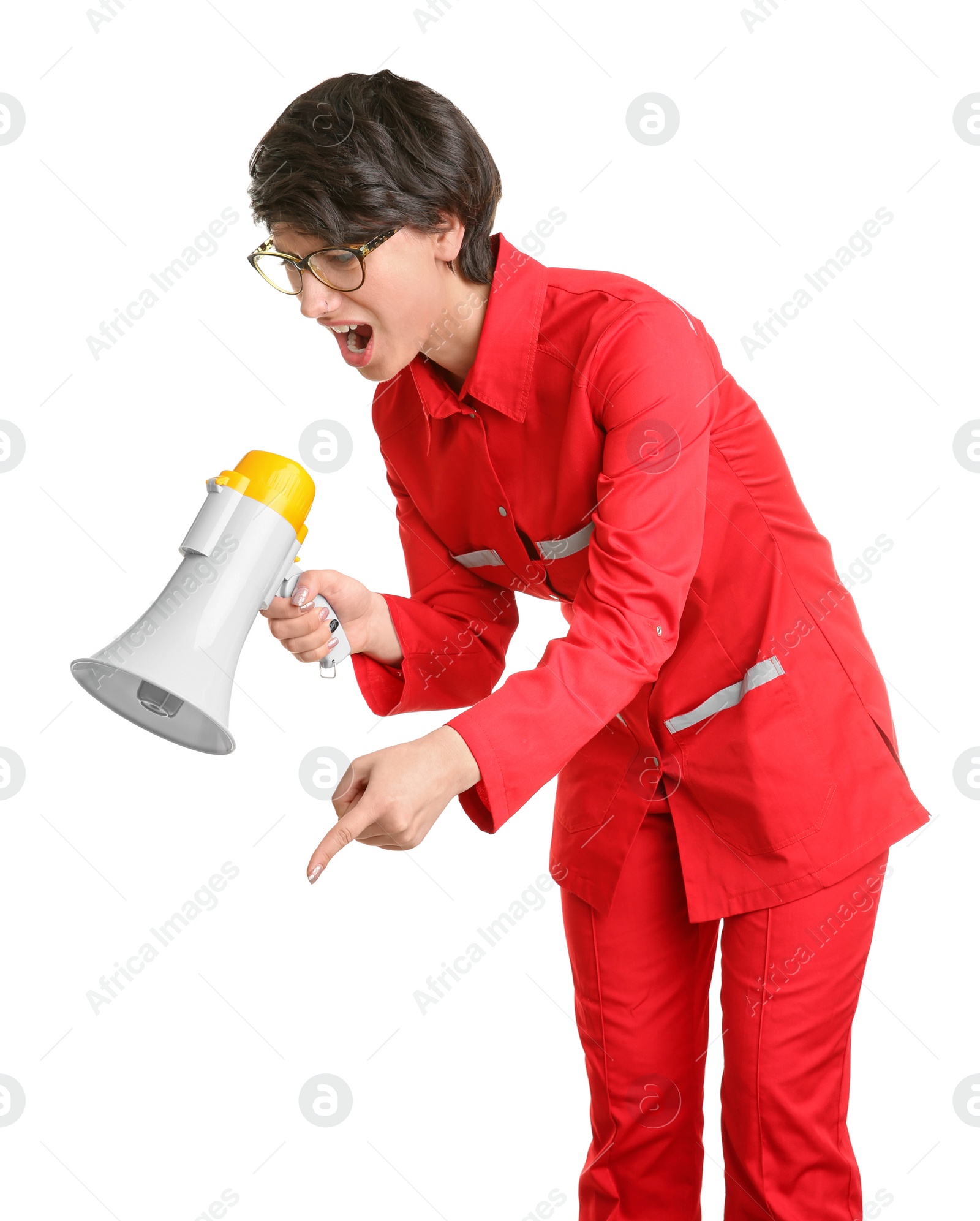 Photo of Young female doctor shouting into megaphone on white background