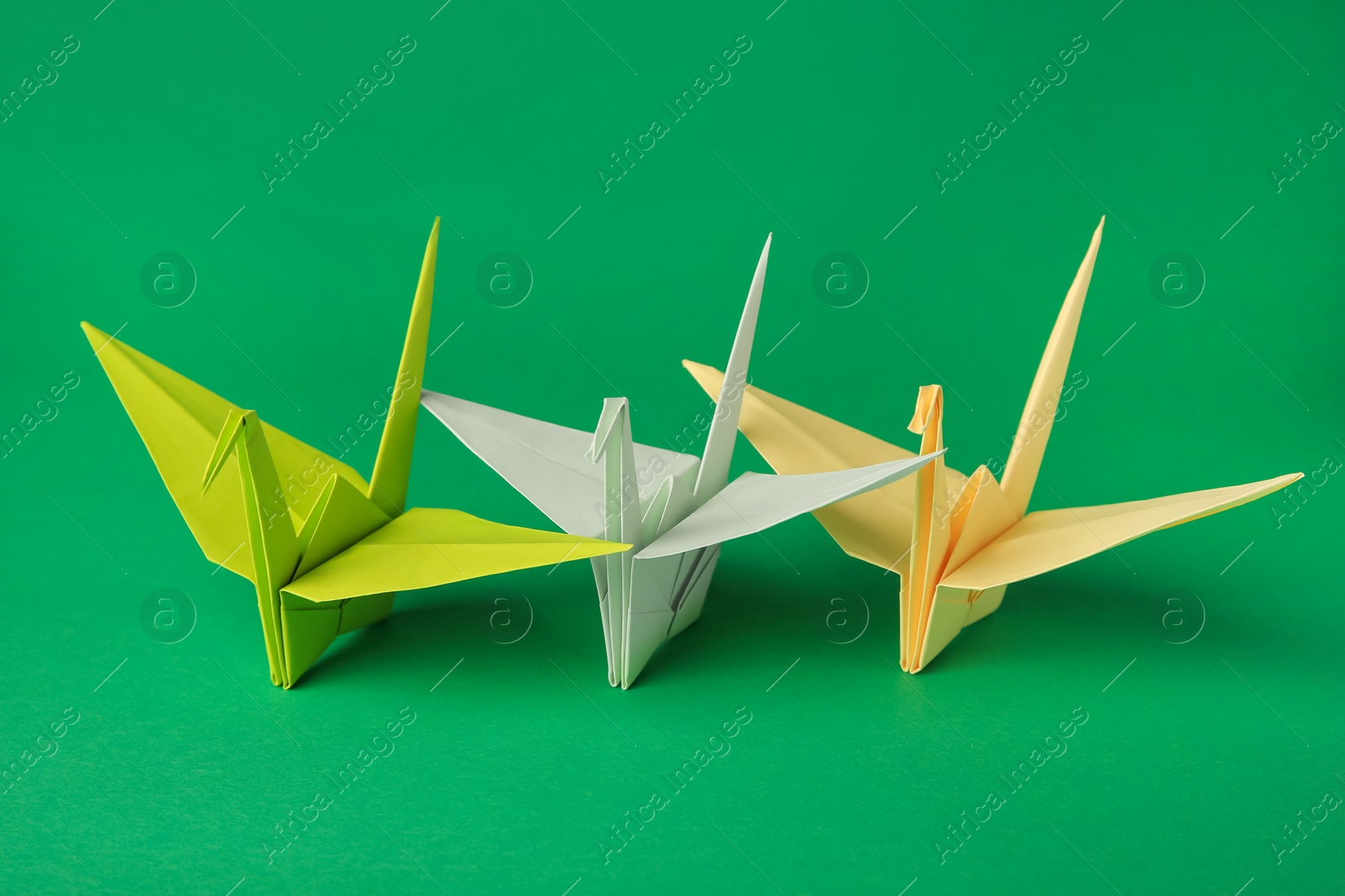 Photo of Colorful paper origami cranes on green background