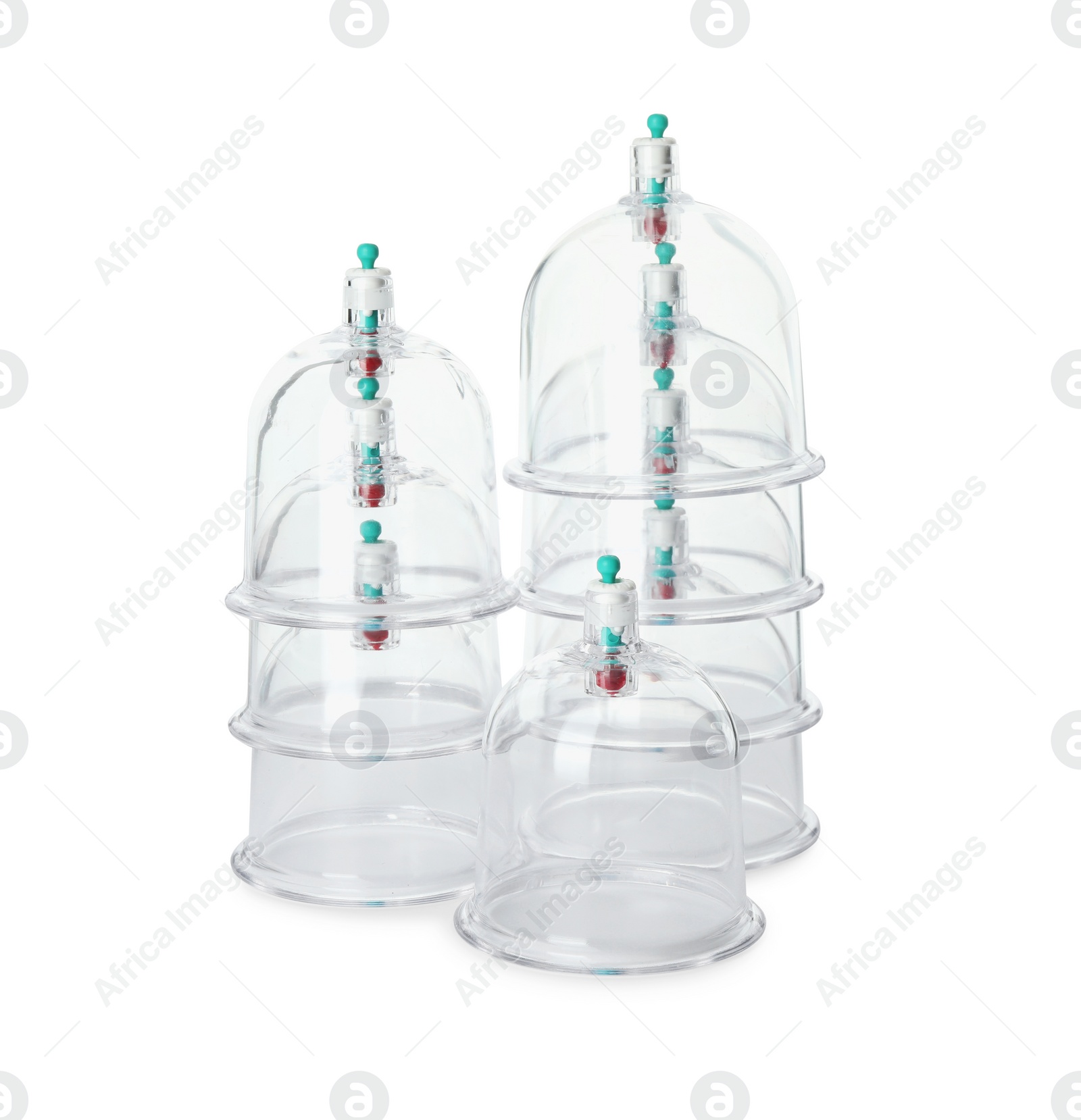 Photo of Plastic cups isolated on white. Cupping therapy