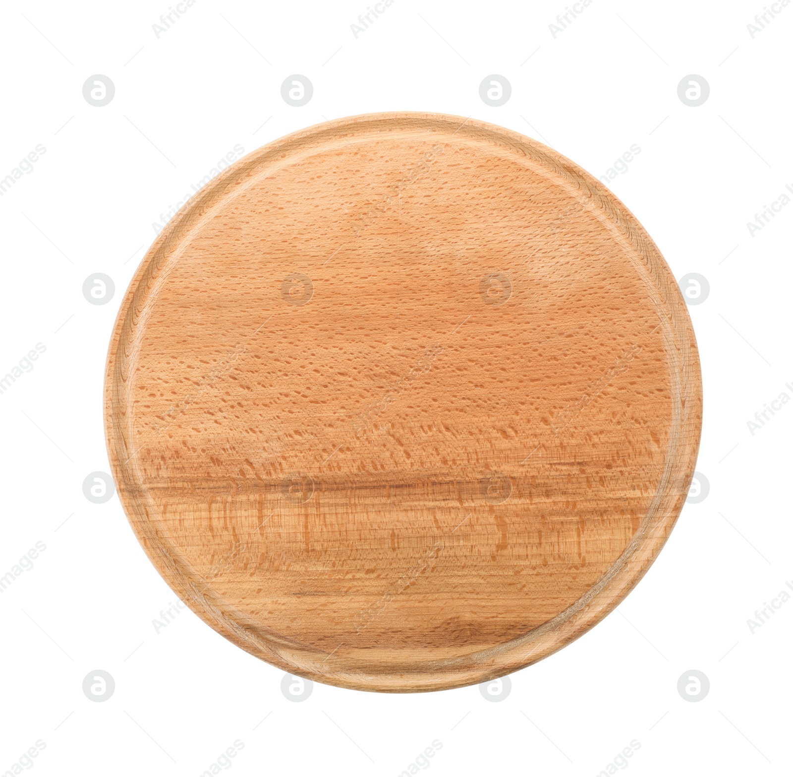 Photo of Wooden board on white background, top view. Kitchen accessory