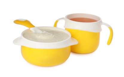 Photo of Healthy baby food in bowl and drink on white background