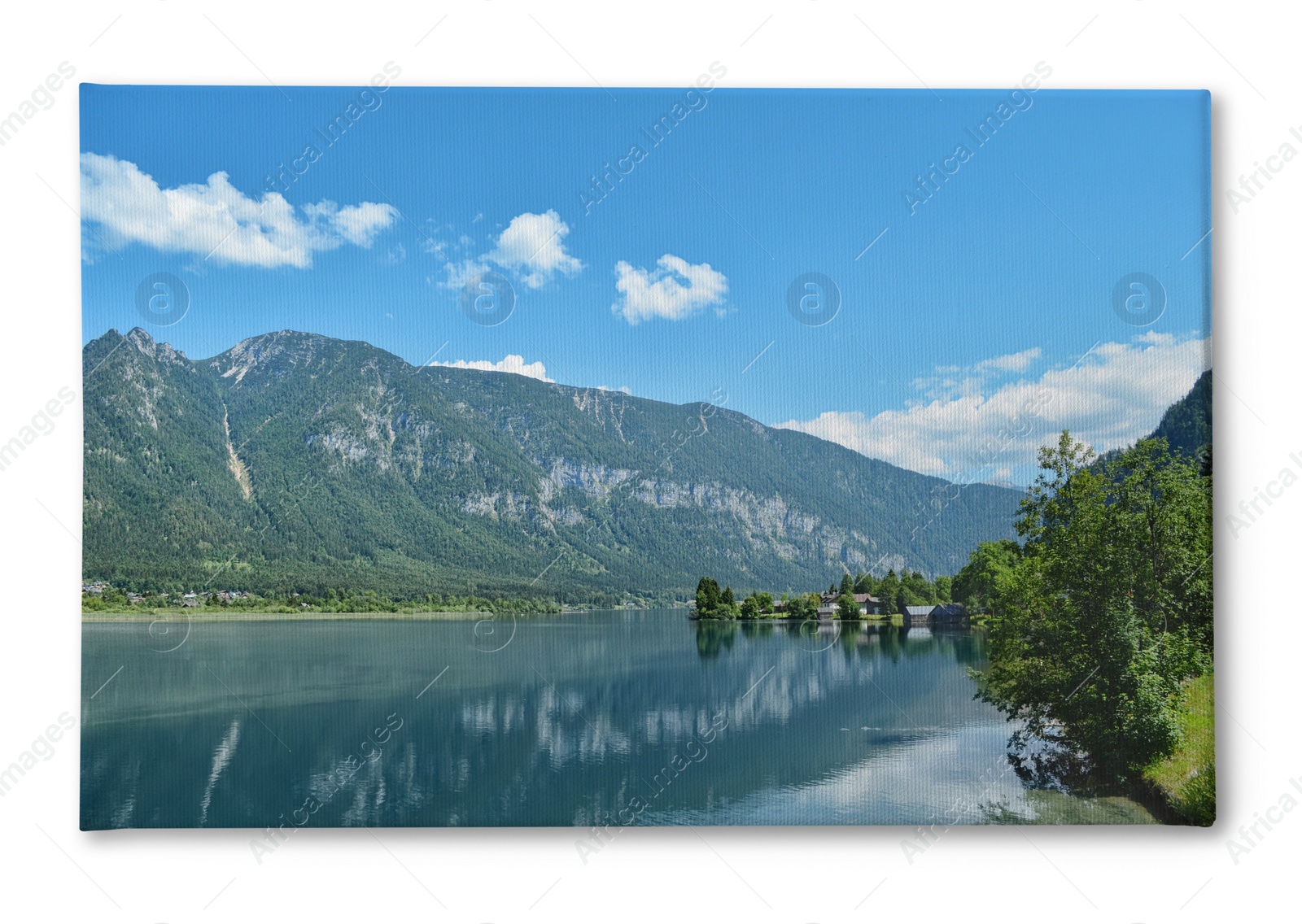 Image of Photo printed on canvas, white background. Beautiful landscape with mountains and river on sunny day