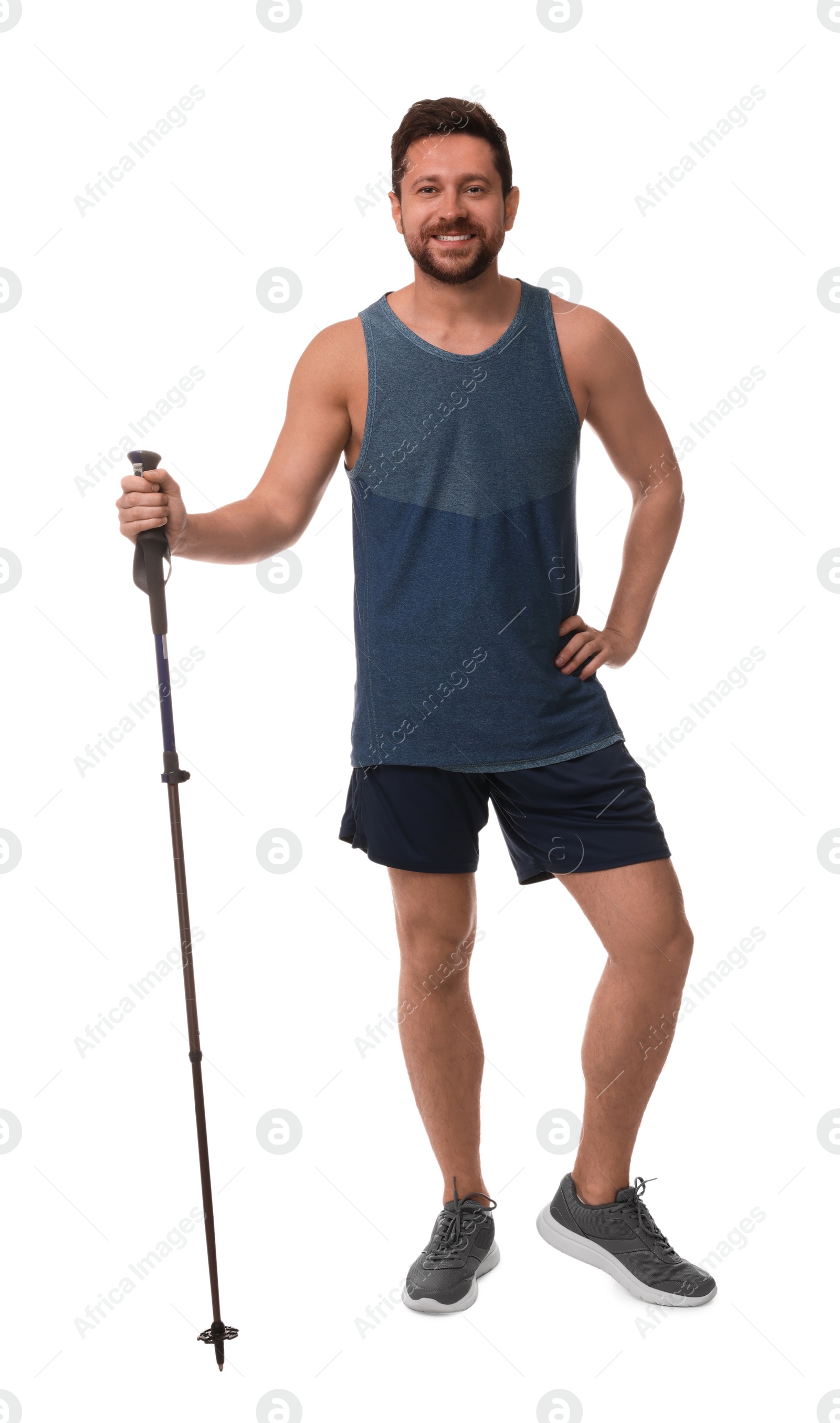 Photo of Man with pole for Nordic walking isolated on white