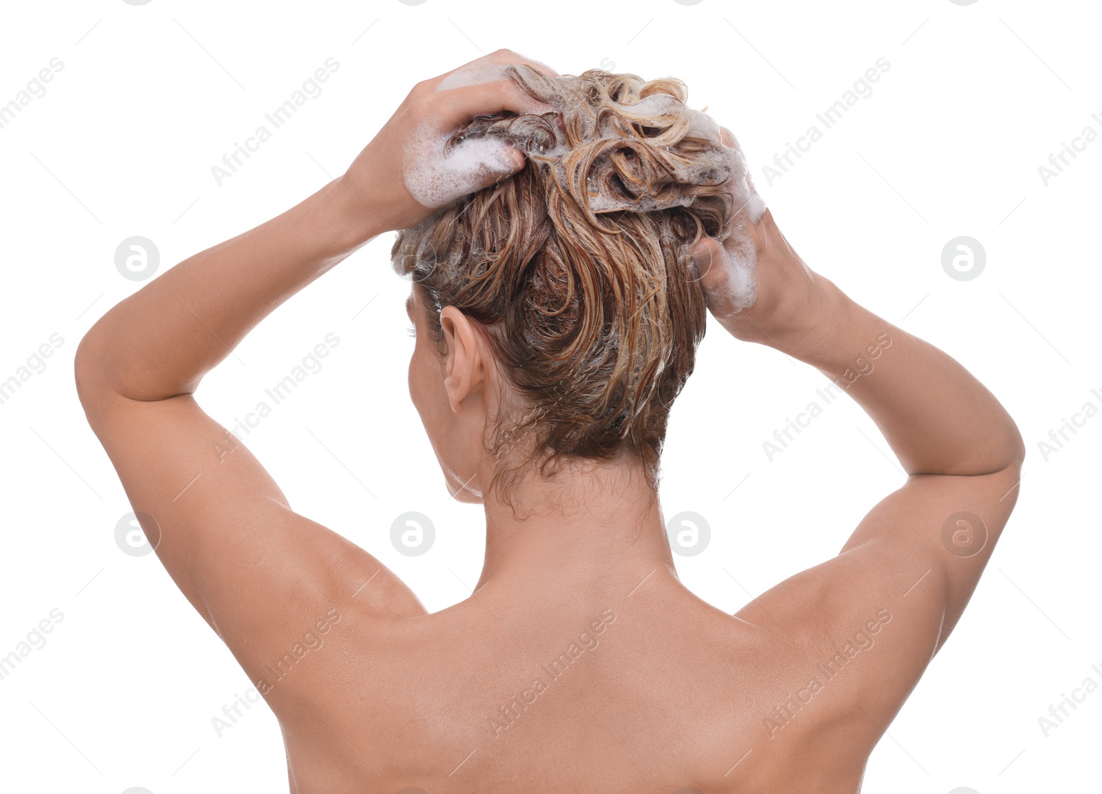 Photo of Woman washing hair on white background, back view