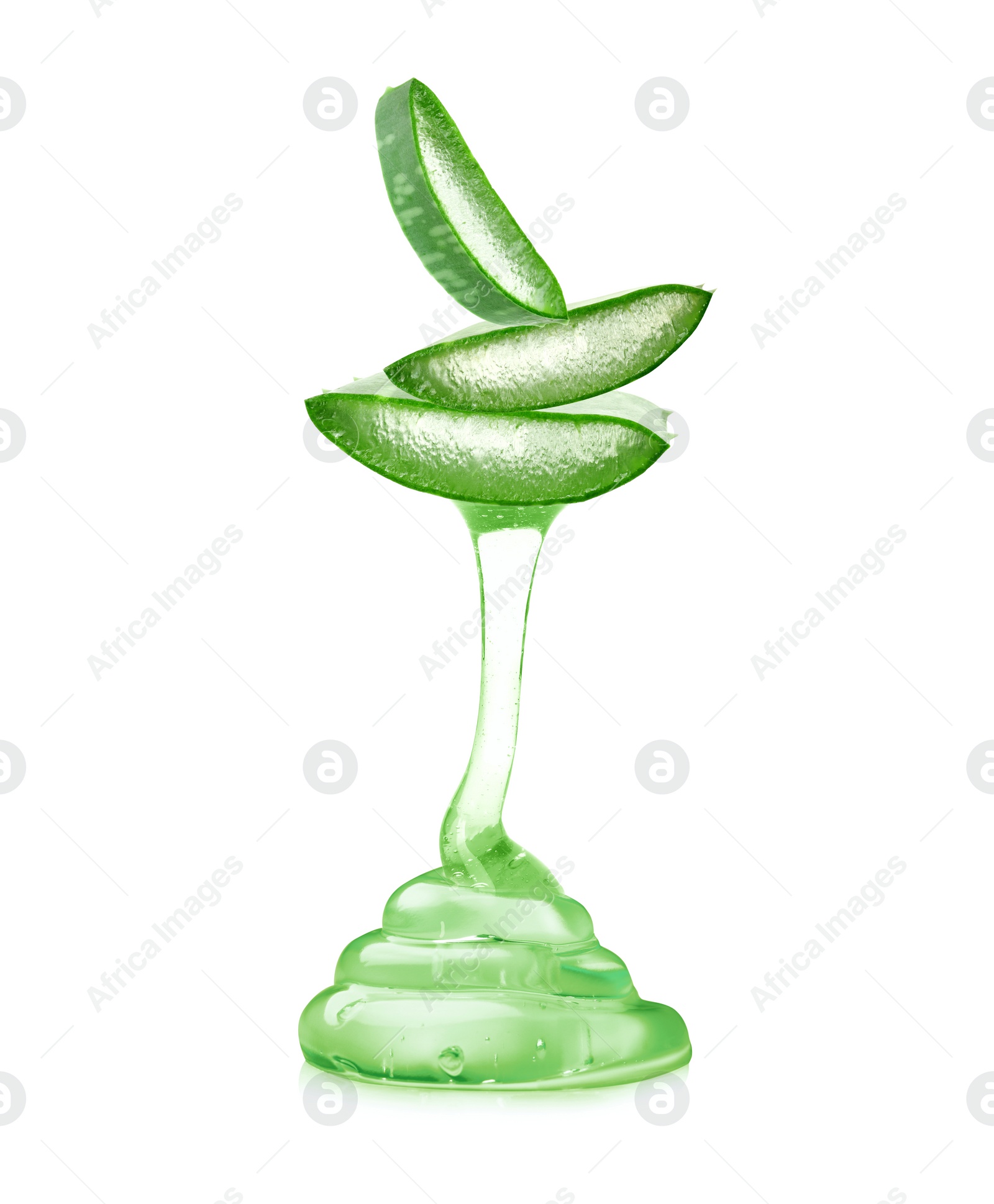 Image of Aloe vera gel flowing down from green leaf sections on white background